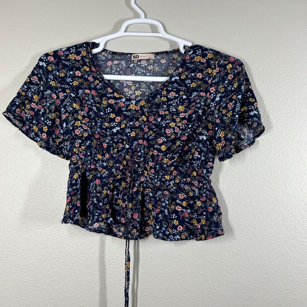SO Top Womens M Navy Floral Smocked Peplum Short Sleeve Rayon Drawstring Blouse